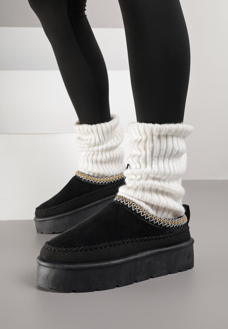 Cizme de zăpadă Negre Căptușite pe Platformă cu Broderie Decorativă Reitenna