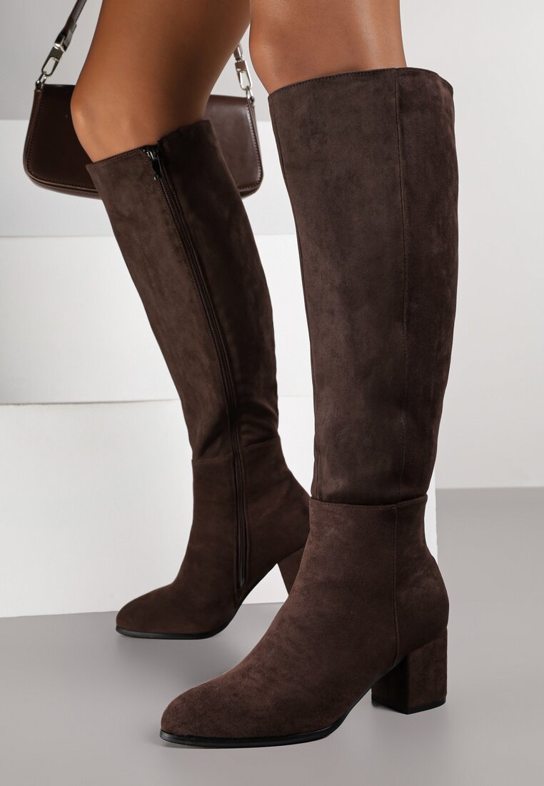 Cizme Maro din imitație de piele întoarsă până la genunchi Vices cu toc bloc jos Ilodia