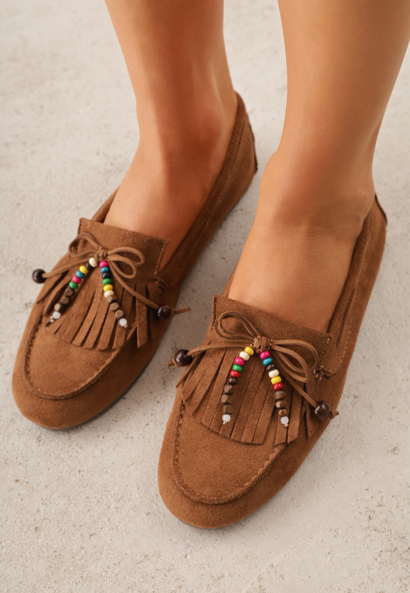 Mocacini Maro deschis VICES cu Brant din Piele Naturală și Mărgele Decorative Neni