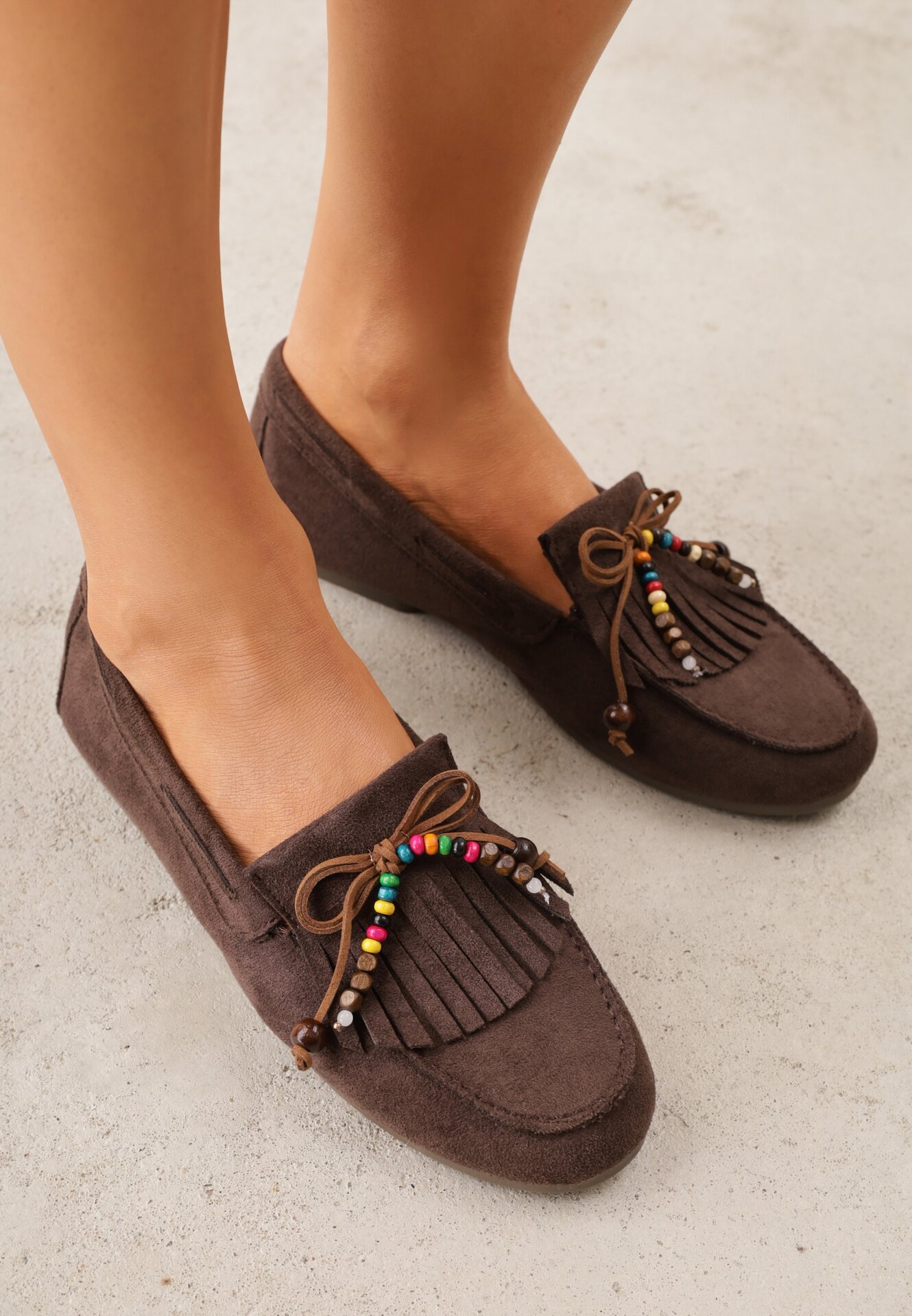 Mocassini VICES Maro închis cu Branț din Piele Naturală și Mărgele Decorative Neni