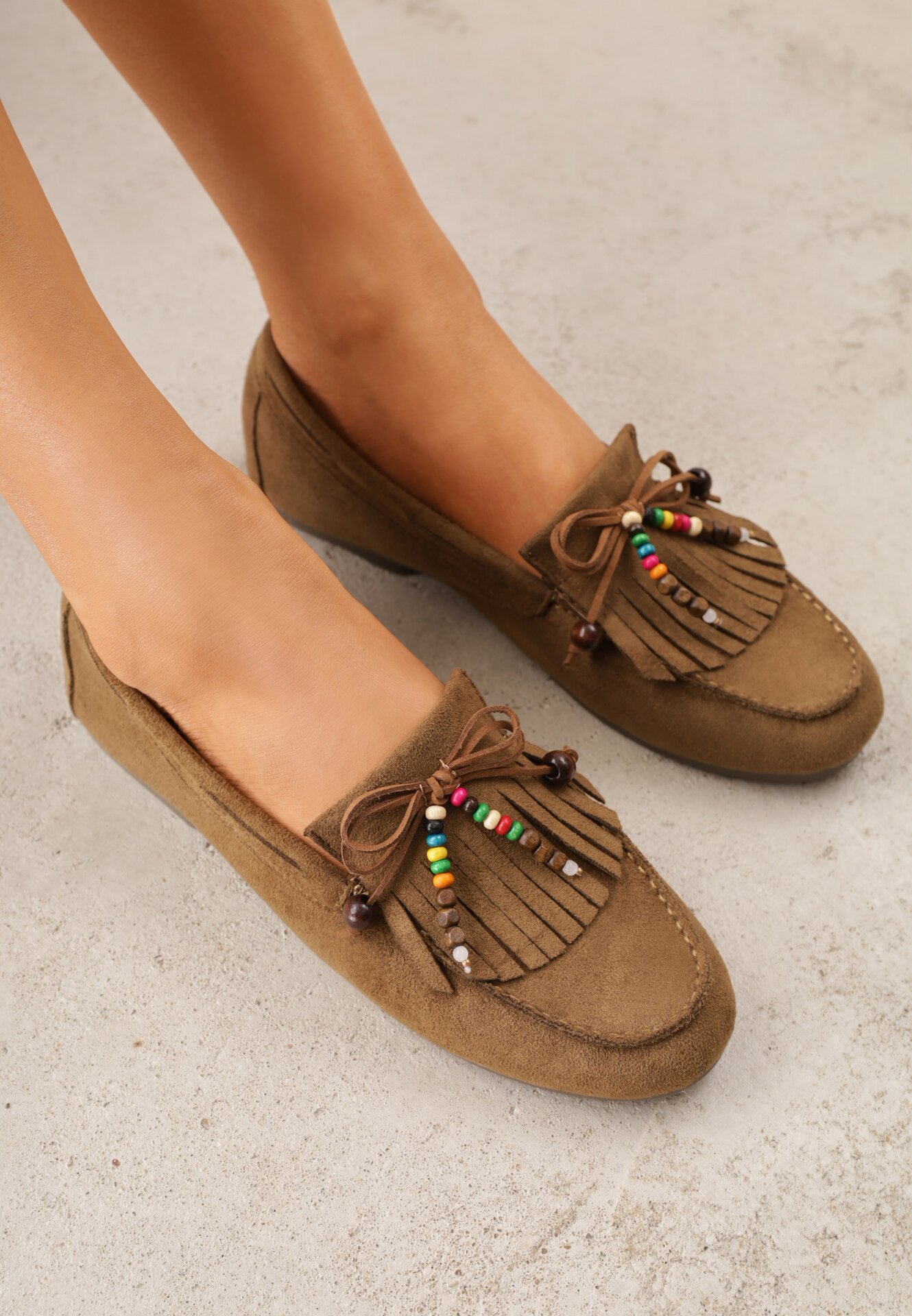 Mocasini Bej închis VICES cu Branț din Piele Naturală și Mărgele Decorative Neni