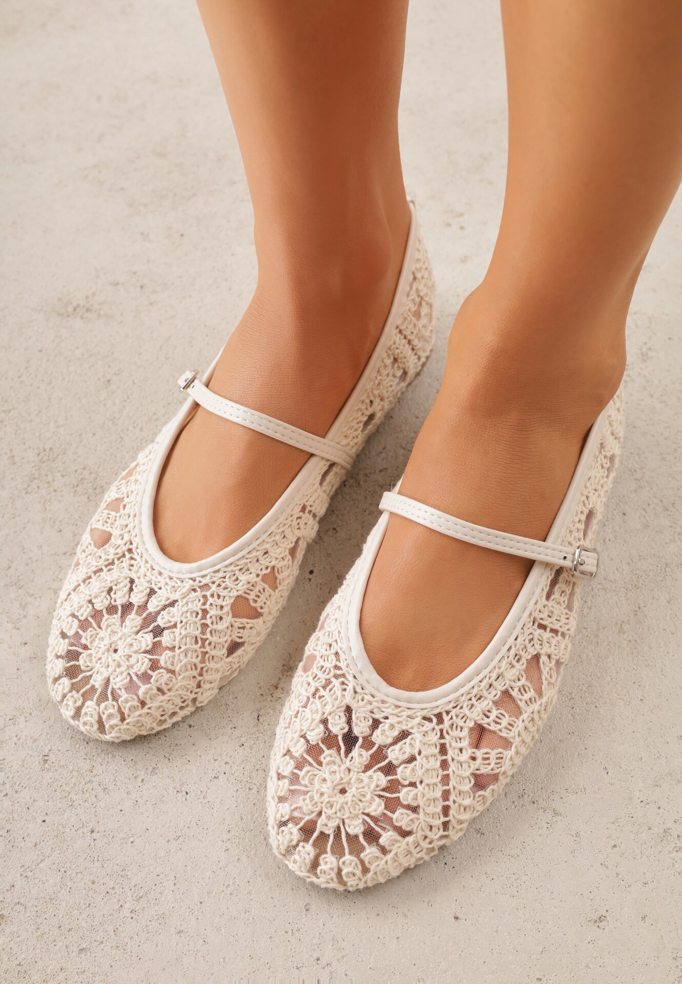 Balerini Ajurați Bej VICES în Stil Boho cu Curea cu Cataramă Phepheu